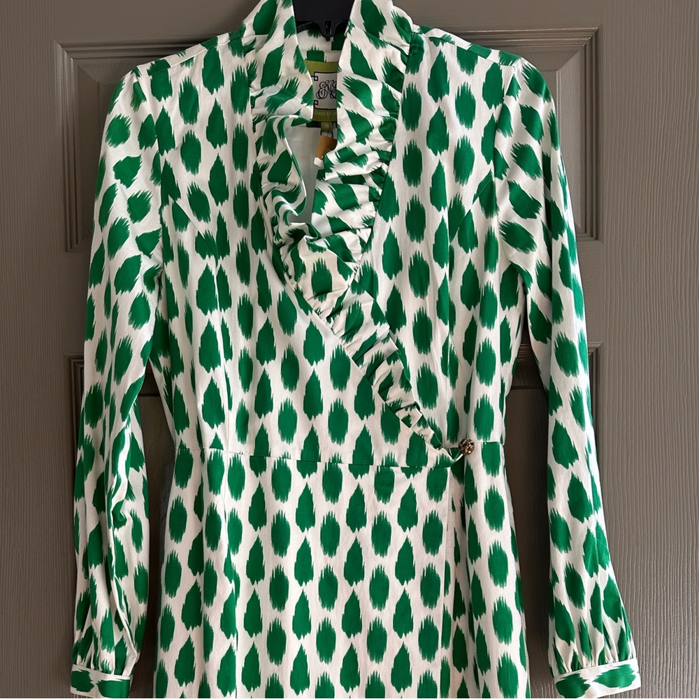 Elizabeth McKay Green and Cream Long Sleeve Dress